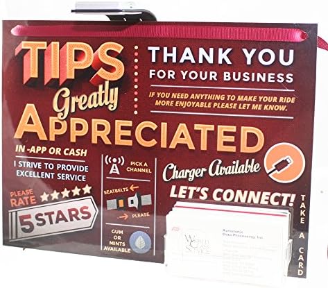 Louisville Marketing Rideshare Tip and Rating Sign with Rechargeable LED Light & Business Promo Card Holder 10.5 x 7.5 inches | 1 Front Dash Sign 3x8 | Durable Laminate