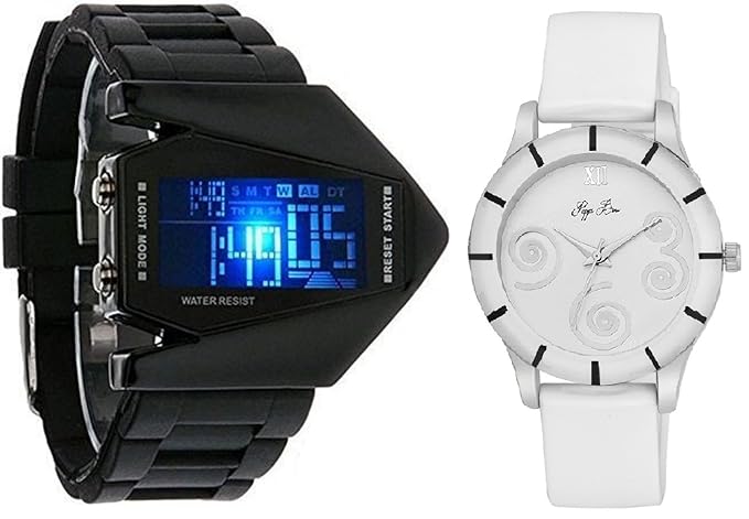 Pappi Boss Pack of 2 Couple Combo - LED Aircraft Model with light --- Digital Display Wrist Watch for Boys, Men & Sober White Leather Analog Wrist Watch for Girls, Women