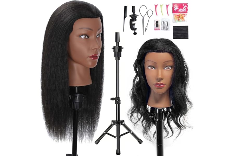 18″ MQHIHI Mannequin Head Human Hair with Tripod Set, 100% Real Hair Cosmetology Manikin Doll Head for Hairdresser Practice Braiding with Tripod Set and Tools