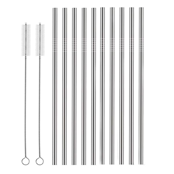 SET OF 10 STAINLESS STEEL STRAWS, HUAQI STRAIGHT...