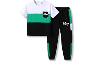 Klyatpxoen Boys Clothes Summer Outfits Set Size 6-12 Years Kids Short Sleeve Top T-Shirt & Pants Color Block Clothing Sets