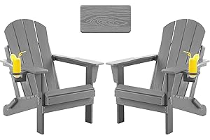 Serique Folding Adirondack Chair, Patio Chairs Wood Texture, Outdoor Chair Weather Resistant, Fire Pit Chair with Cup Holder, Composite Adirondack Chair Set of 2- Grey(Separate Delivery)
