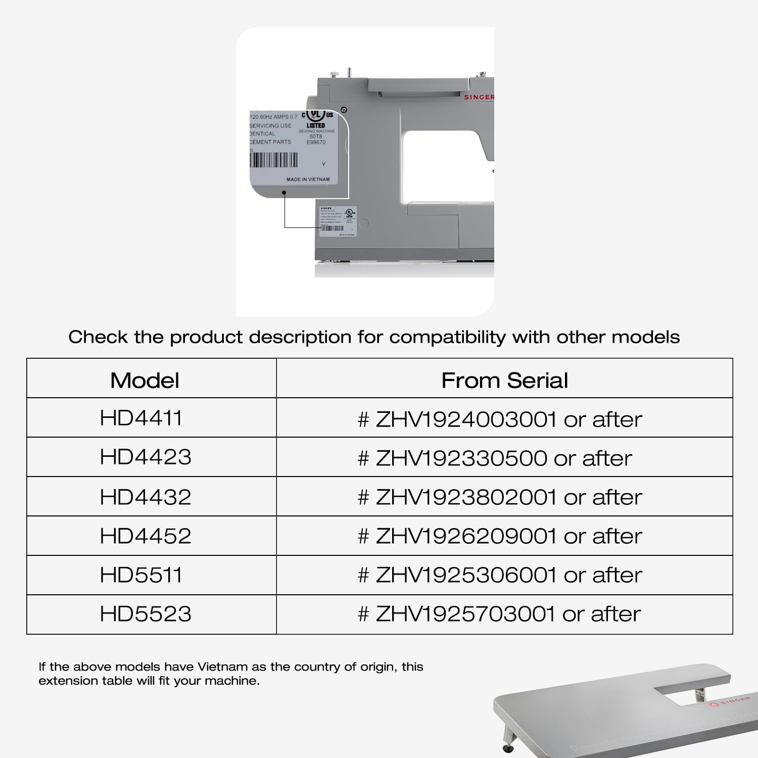SINGER Gray Sewing Machines Extension Table for Heavy Duty Sewing Machines 4411, 4423, 4432, 4452, 5511, 5523, 5532, 6335 to sew Larger Projects with Ease, Professional Results, Foldable Leg