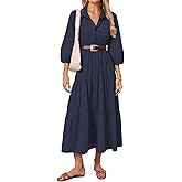 YEXPINE Womens Fall Maxi Dresses 2025 Casual V Neck Button Down Flowy A Line Tiered Shirt Dress with Pockets Navy