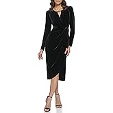 Kensie Womens Long Sleeve Velvet Faux Wrap Midi Dress