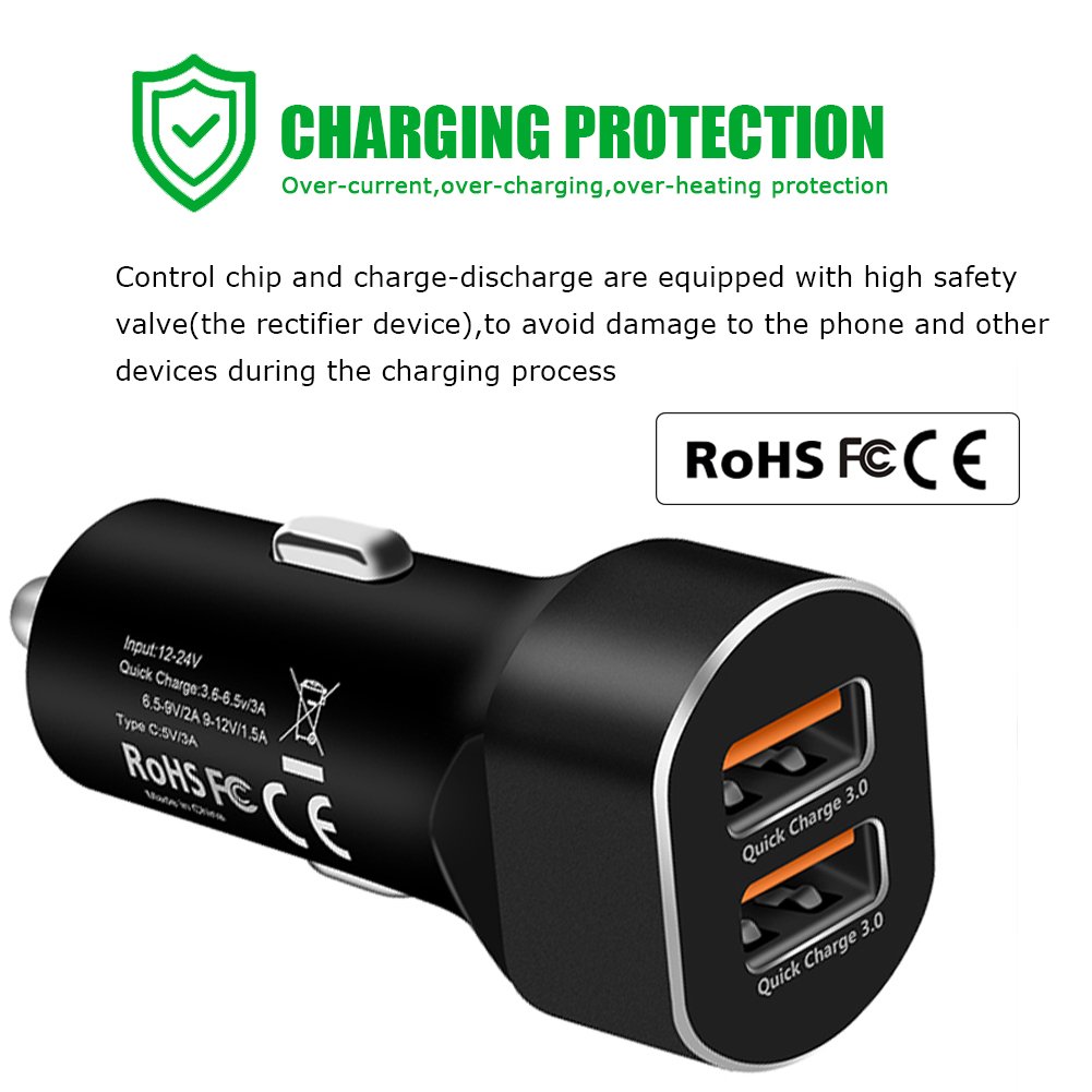 Quick Charge 3.0 Dual USB Car Charger, 36W Phone Power Adpater PowerDrive High Speed for Samsung Galaxy S8/S7/S6/S6 Edge, iPhone, iPad, LG , Nexus, HTC, Sony and more