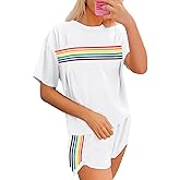MYHALF Womens 2 Piece Short Sets Summer Outfits Rainbow Stripes Shirts 2025 Two Piece Lounge Set Matching Shorts