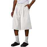 OYOANGLE Men's Pleated Crop Suit Loose Shorts Solid Straight Leg Summer Groom Casual Dress Shorts