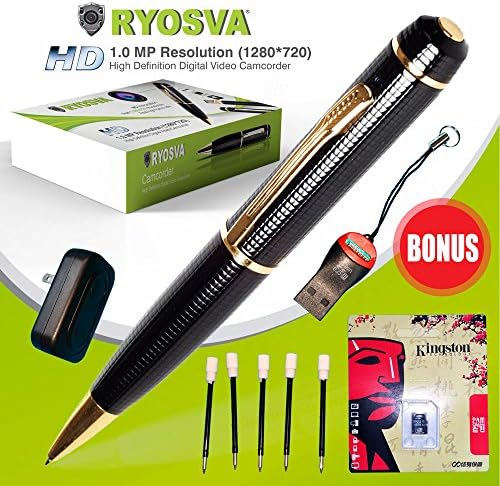 RYOSVA Hidden Spy Pen Camera - FREE 16GB MICRO Card + BONUS 5 INK FILLS + WALL CHARGER + USB READER - Video Record 1280x720p HD - Super Easy To Use With Full Size USB