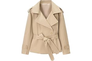Women Cropped Trench Coats Double Breasted Lapel Short Jackets with Belt Long Sleeve Trendy Business Outerwear Office Shacket