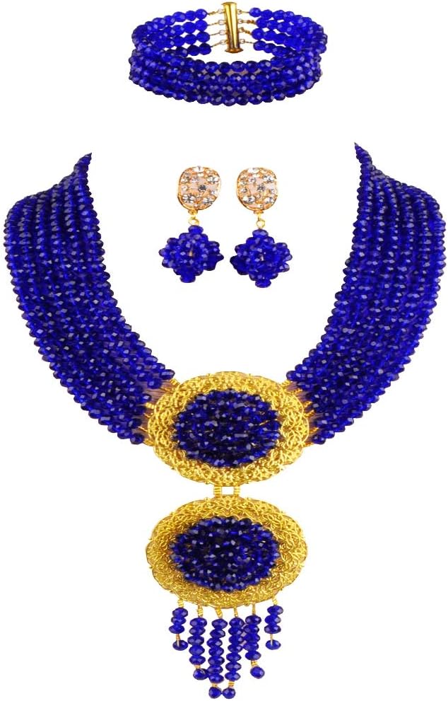 acuzv 6 Rows African Necklaces for Women Nigerian Beads Jewelry Set Wedding Bridal Party Jewelry Sets