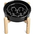 LE TAUCI Ceramic Slow Feeder Dog Bowls Elevated, 0.6 Cups Raised Dog Bowl with Wooden Stand for Small Breed, Dog Dishes to Slow Down Eating, Puzzle Dog Food Bowl, Skull Black