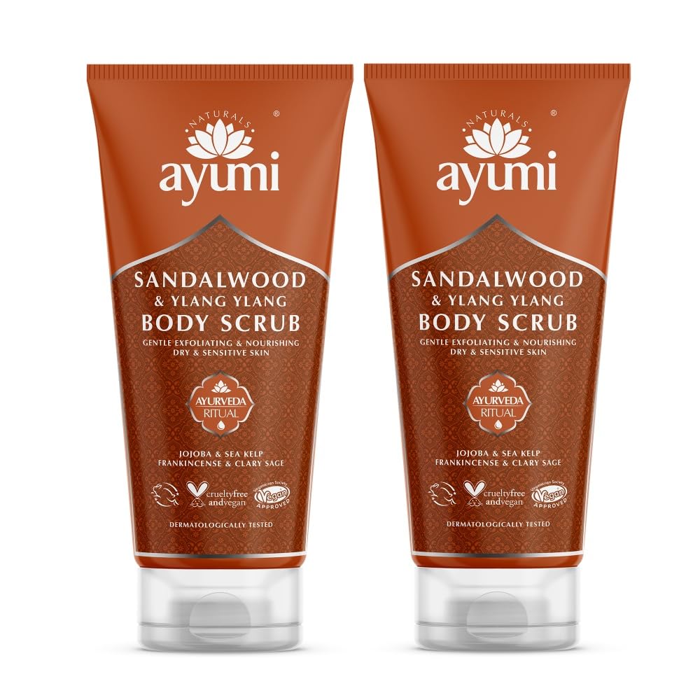 Ayumi Sandalwood Exfoliating Body Scrub to Calm Irritation|Sensitive Skin Scrub with Jojoba Oil |Aromatic Scrub with Ylang Ylang Essential Oil | Body Scrub for Women & Mens Skincare Rituals |2x200 ml