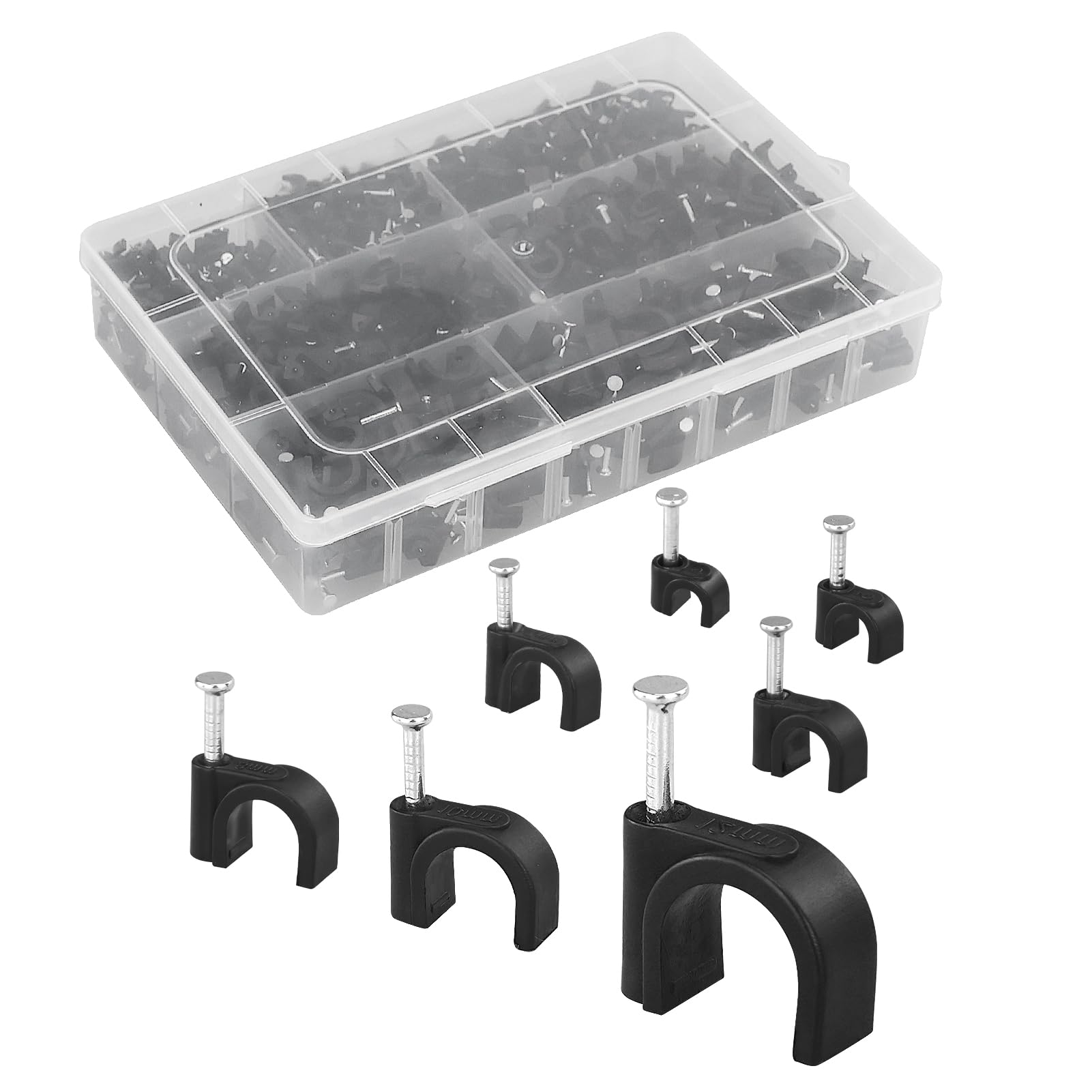 LONGDENEKHALIQ 600PCS 7 Sizes Black Cable Clips, 4-12 mm, Assortment, Wall Clips, Wire Tacks, Armoured Cable Clips, Ethernet, Telephone, TV Wire
