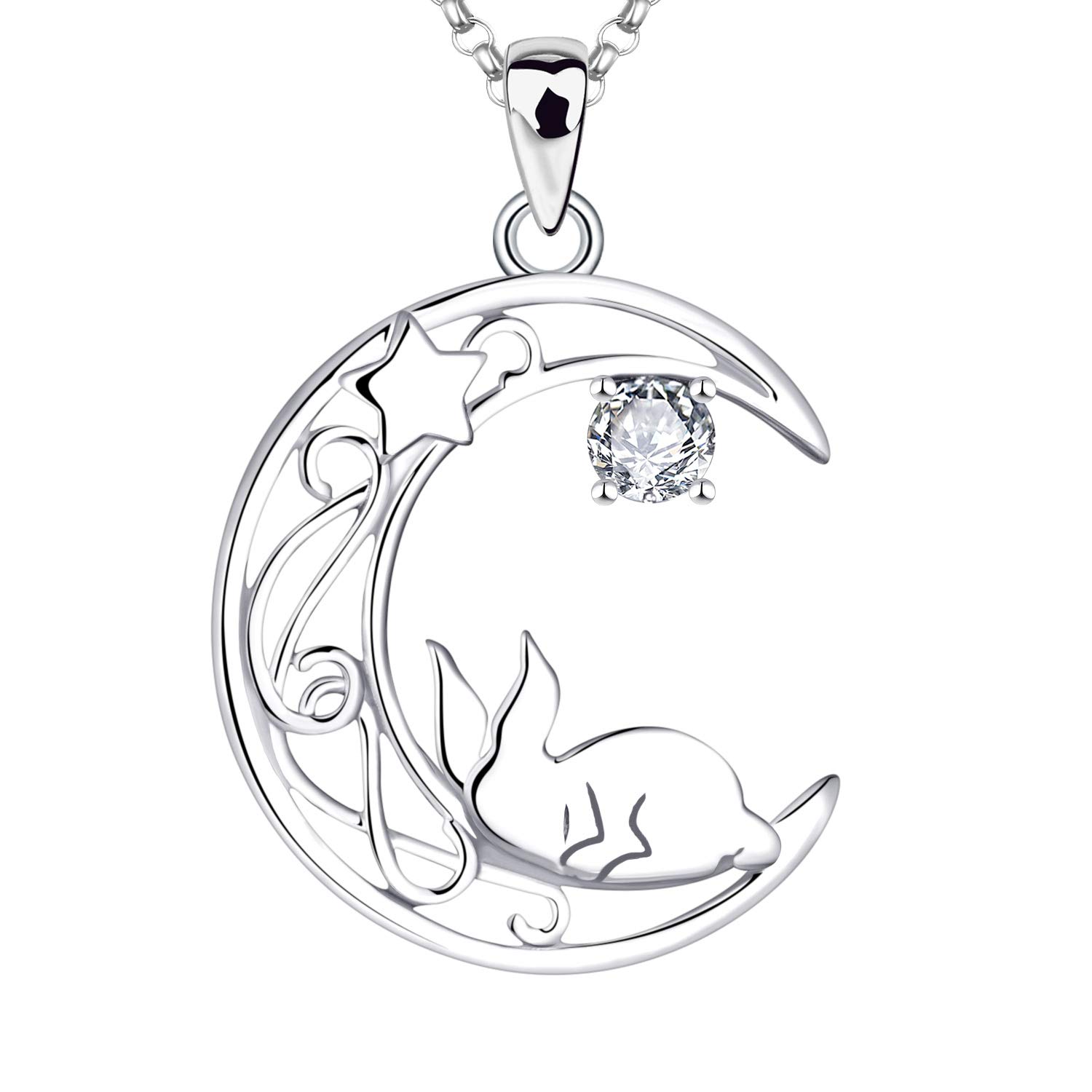 JO WISDOM Women Hare Necklace,925 Sterling Silver Moon Star Rabbit Pendant Necklace with AAA Cubic Zirconia