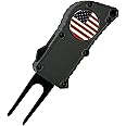 Tracer Fixit Golf Tool, Automatic OTF (Out The Front) Golf Green Divot Repair Tool, Stainless Steel and Aluminum with 1" USA Flag Ball Marker