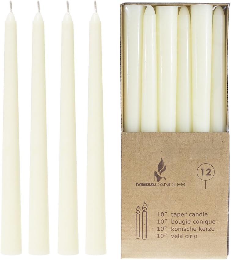 Mega Candles 12 pcs Unscented Ivory Taper Candle, Hand Poured Wax Candles 10 Inch x 7/8 Inch, Home Dรฉcor, Wedding Receptions, Baby Showers, Birthdays, Celebrations, Party Favors & More