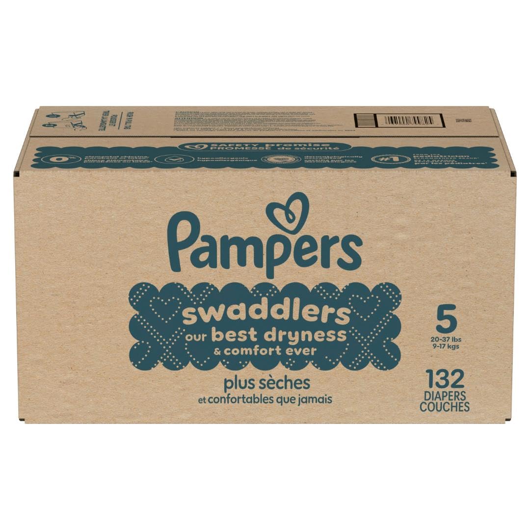 Pampers Swaddlers Diapers, Size 5 (20-37 lbs), 132 Count, Absorbent, Keeps Baby Dry and Comfortable, Skin Safe Disposable Baby Diaper (Packaging May Vary)