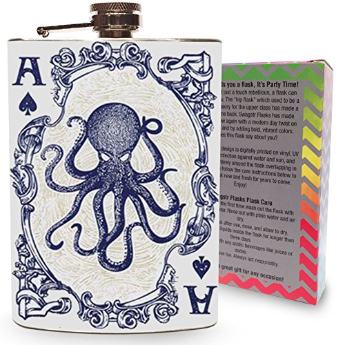 Octopus Ace of Spades Vintage Playing Card Stainless Steel 8oz Hip Flask Kraken Whiskey Vodka Flasks