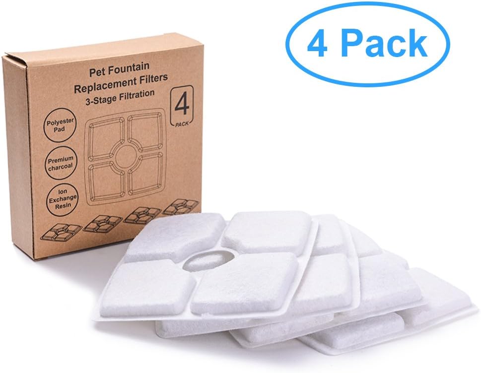 WOLFWILL Premium Activated Carbon Filters Replacement for Pet Flower Water Fountain, 3-Stage Filtration for Healthy Fresh Water (Pack of 4)