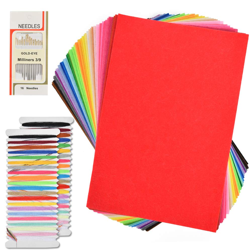 50 x TIMESETL Felt Fabric 20 x 30 cm 50 Colours Felt Sheets Sheets Patchwork Felt Fabric Craft Projects Patchwork with 21 Colours Embroidery Thread + 16 Embroidery Needles