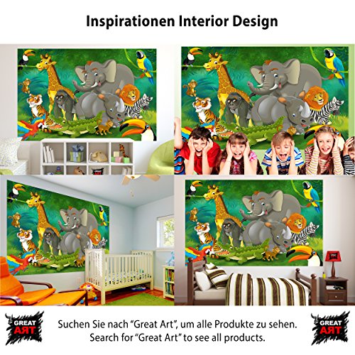 Wall Mural Kid’s Room Jungle Animals Mural Decoration Jungle Animals Zoo Nature Safari Adventure Tiger Lion Elephant Monkey I paperhanging Wallpaper poster wall decor by GREAT ART (82.7x55 Inch)