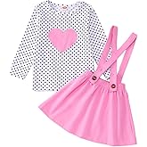 Toddler Baby Girls Valentines Outfits Long Sleeve Dot Heart Shirt Top Red Suspender Skirt Clothes Set(Pink, 6-7T(130))