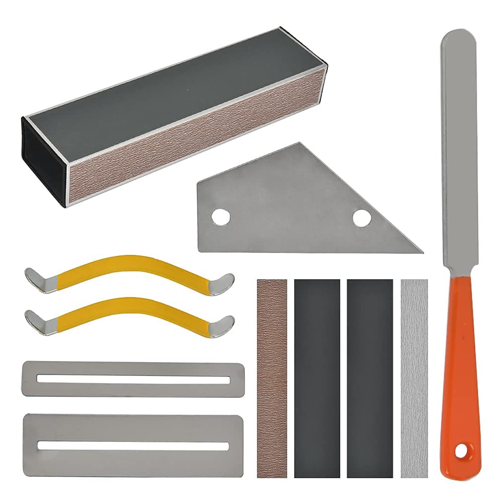 Guitar Luthier Tool 10PCS Fingerboard Protectors Set Fret Levelling Grinding Kit Include Guitar Fret Crowning File, Fret Rocker, 2 Fingerboard Guards Protectors, 4 Grinding, Fret Leveler File Sanding