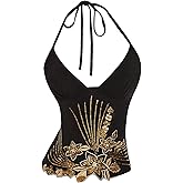 BEAUDRM Women's Floral Sequin Halter Tops Y2k Sparkly Embroidery Tie Backless Sleeveless Camisole Crop Tops Party Clubwear