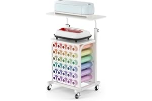 Zefinot Rolling Craft Cart with Vinyl Roll Holder and Adjustable Table Height, Craft Organizers and Storage Table Compatible with Cricut Machine for Craft Room
