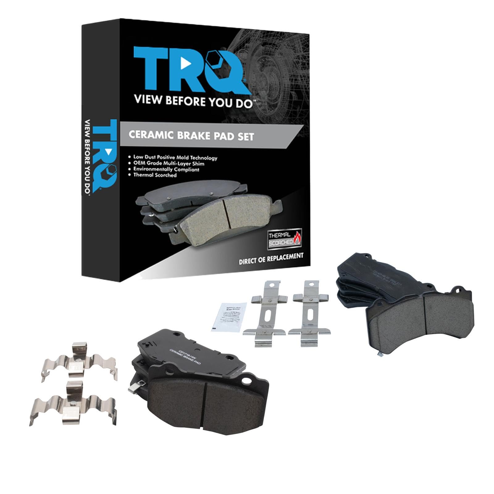 TRQ Front and Rear Brake Pad Set Ceramic Hardware Compatible with 2016-2019 Cadillac ATS 2016-2020 Chevrolet Camaro 2015-2019 Corvette Image