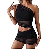 SHENHE Women's One Shoulder Tankini Swimsuits Ruched Mesh Crop Top Skirt Bathing Suit 2 Piece