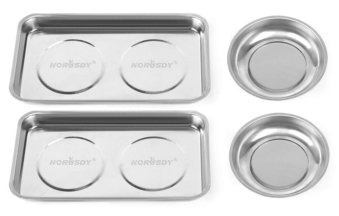 Photo 1 of HORUSDY 4-Piece Large Magnetic Parts Tray Set, Stainless Steel Heavy Duty 9.5" W x 5.5''L Square and 4.5" Round Magnetic Trays Tools Parts Tray