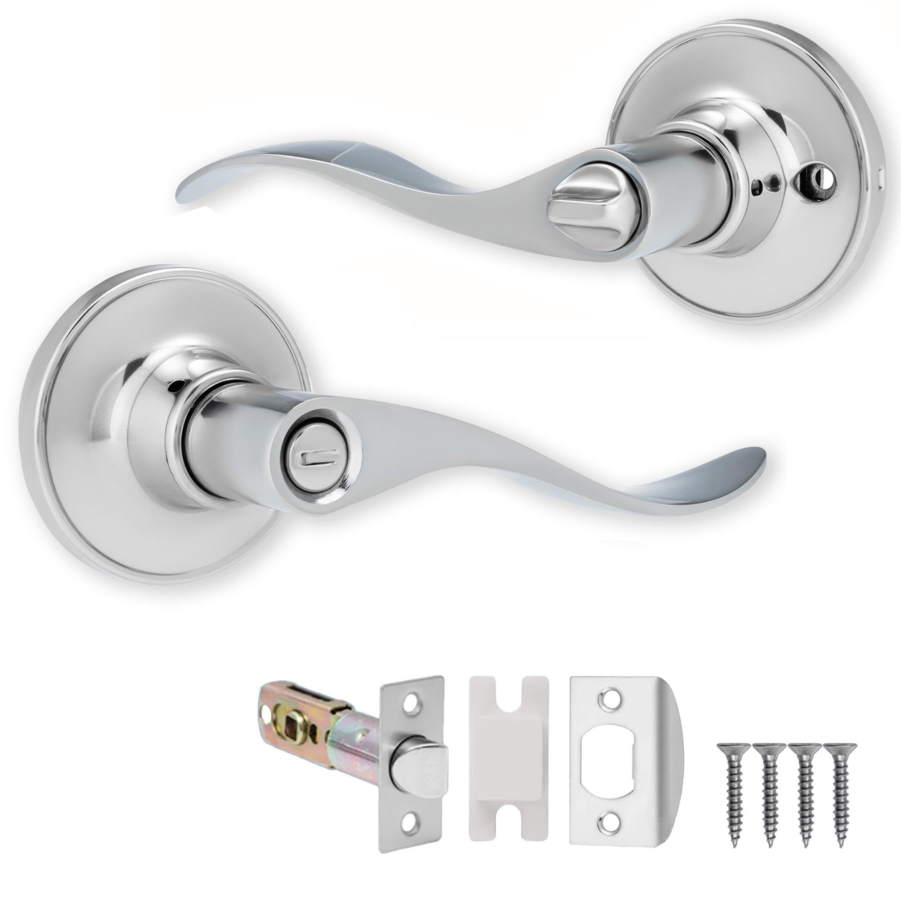 XFORT Cabriole Privacy Knob Set Polished Chrome, Keyless Door Knob with Lock for Internal Wooden Bathroom Doors, Complete Set with Tubular Latch