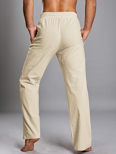 PASLTER Men's Cotton Linen Pants - Elastic Waist Loose Fit Beach Yoga Trousers