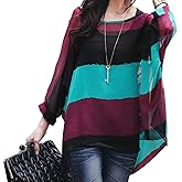Vanbuy Plus Size Floral Chiffon Batwing Sleeve Tunic Blouse Boho Off-Shoulder Beach Cover Up Loose Summer Tops for Women