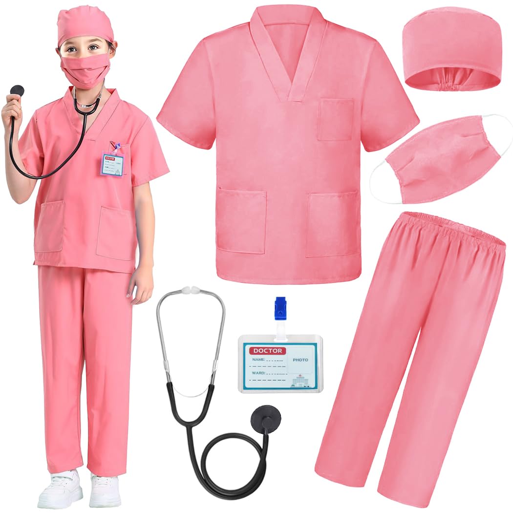 Doctor Nurse Scrubs, Kids Role Play Doctor Costume With Realistic Accessories for Boys Girls Ages 3-12(Doctor Scrubs, Pink/4-5T)