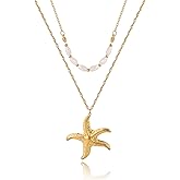 Xeyai 14K Gold Plated Sea Shell Starfish Layer Charm Necklace for Women, Statement Chunky Layered Boho Summer Seashell Necklace Ocean Beach Jewelry Gifts Vacation Summer Outfits for Women