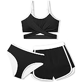 Teen Girls Swimsuit 3 Piece Bikini Set Criss Cross Bathing Suit Color Blocked Girls' Swimwear with Beach Sports Shorts
