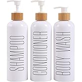 HOMCDALY Shampoo and Conditioner Dispenser, 16oz 3-Pack Refillable Shampoo and Conditioner Bottles, Empty Shampoo Bottles Refillable with Bamboo Pump, Bathroom Shower Shampoo Dispenser Set