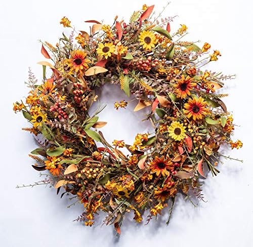 秋の玄関ドアリース 24インチ 人工フローラルリース カラフルなデイジーと秋の葉 玄関のドア壁窓用 オレンジリース 感謝祭の装飾 出荷