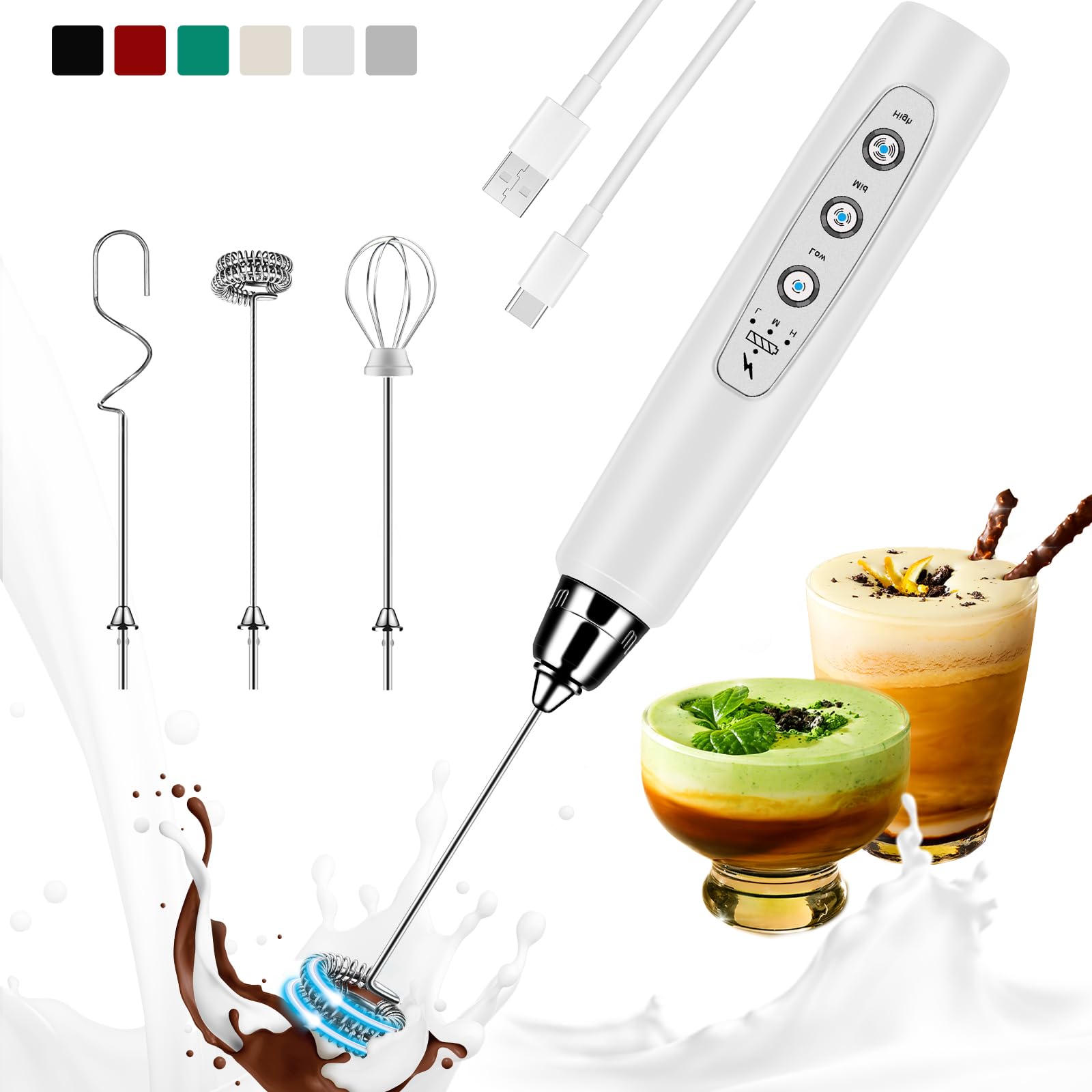 Photo 1 of Colarlemo Milk Frother Handheld Rechargeable, Frother Wand Drink Mixer Electric Whisk for Coffee, Detachable With 3 Stainless Whisks, Hand Mixer for Lattes, Cappuccino, Matcha, Egg, No Stand, White