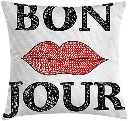 Door mat home Lifestyle Decor Throw Pillow Cushion Cover, Hand Drawn Vintage Bon Jour Quote with Female Lips French Good Day Image, Decorative Square Accent Pillow Case,Black Red 20X20 inches