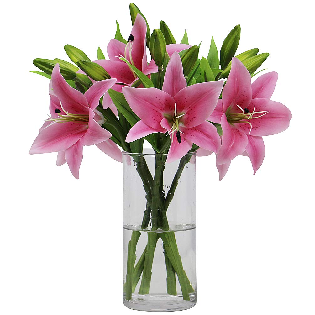 Omygarden 6pcs Pink Artificial Tiger Lily Flower, Fake Plastic Lily Flower Bouquet, Home Office Wedding Party Decoration, WITHOUT VASE