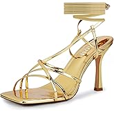 ISNOM Lace Up Heels Sandals for Women, Square Toe, Open Toe Thong, Stiletto Heels Design
