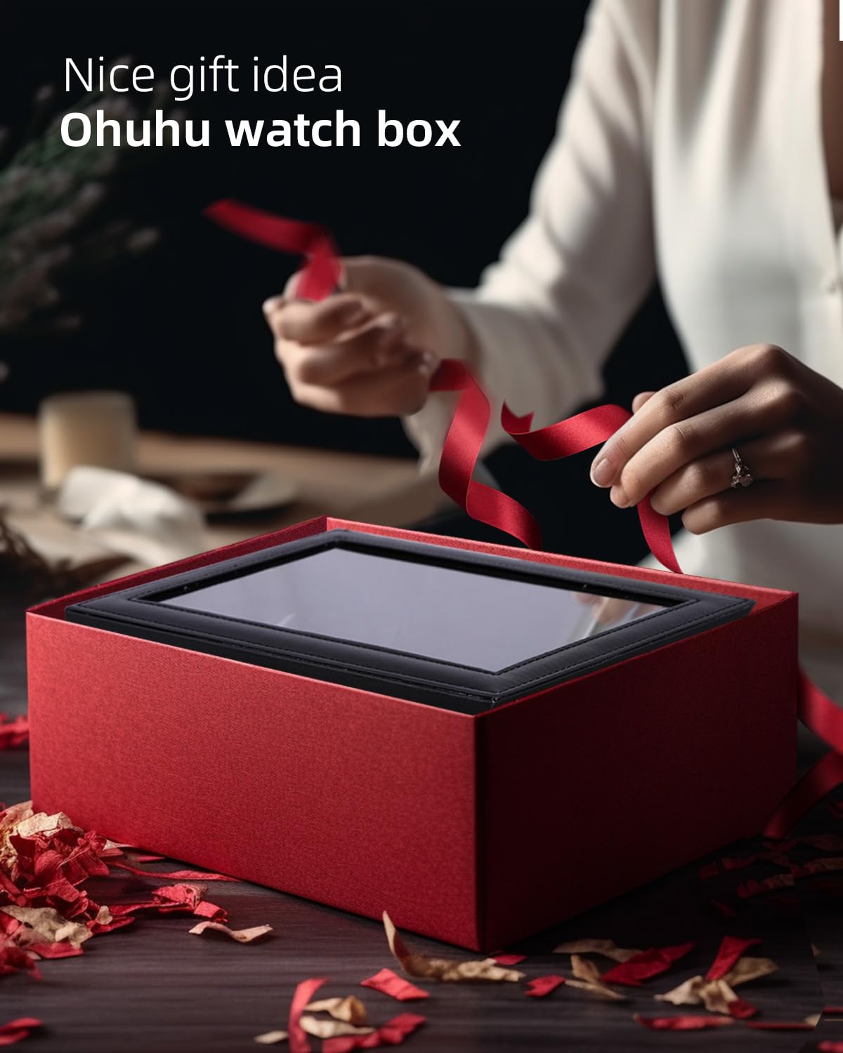 Ohuhu Watch Case 12 Slot PU Leather Real Glass Lid Watch Box Watch Holder Organizer Display Storage Box Soft Velvet Jewelry Box for Men and Women Birthday Fathers Day Valentine's Day Gifts