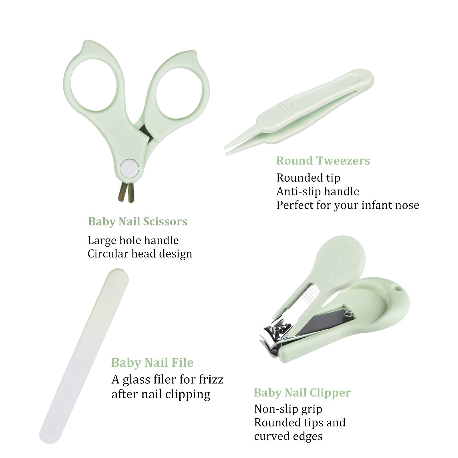 Baby Nail Kit, Baby Manicure Kit and Pedicure with Cute Owl Shape Case. Baby Nail Clipper, Scissor, Nail File & Tweezer for Newborn, Infant & Toddler, Mothers Day Gifts(Green)