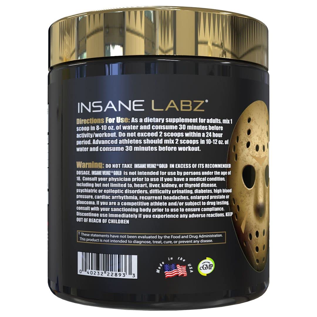 Insane Labz Insane Veinz Gold, Nitric Oxide Non Stimulant pre Workout Powder, Loaded with Hydromax, Nitrosigine, Increases Vascularity and Blood Flow, 30 Srvgs, Fruit Punch