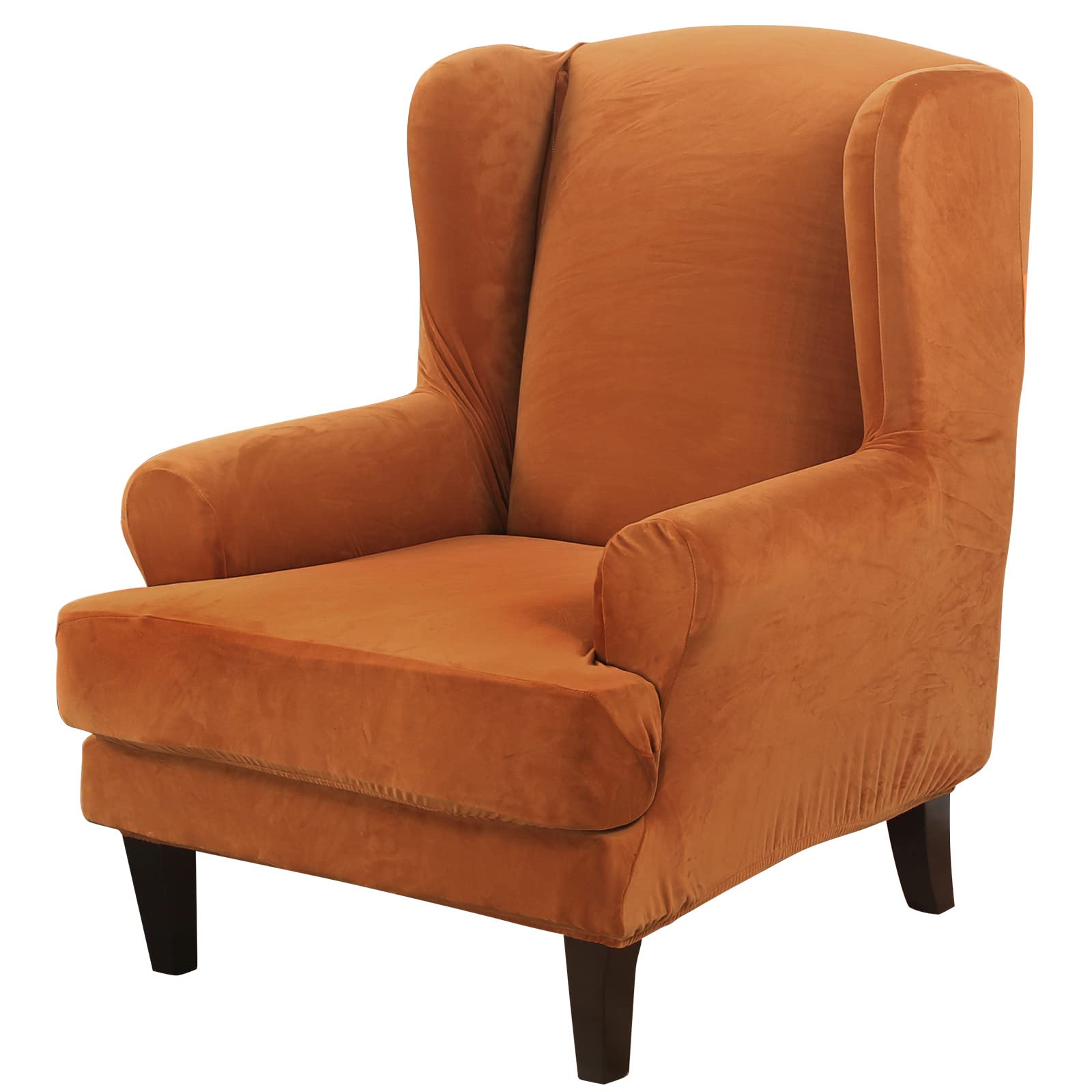 ele ELEOPTION Wingback Chair Cover 2 Piece Set - 2 IN 1 Design Removable High Stretch Soft Velvet Wing Back Chair Covers Armchair Slipcover Protector for Living Room Bedroom Hotel (Orange, Velvet)