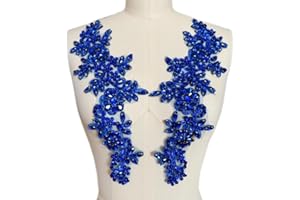 SUCCI SHAN 1 Pair Rhinestones Lace Applique Accessories Handsewing Glass Beads Stones Trim Patches for DIY Girl Wedding Dress Decorations (Blue)